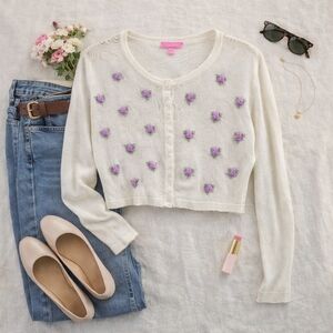 Sugar Thrillz White With Purple Embroydery Flowers L Sleeve Flower Button Up M/L